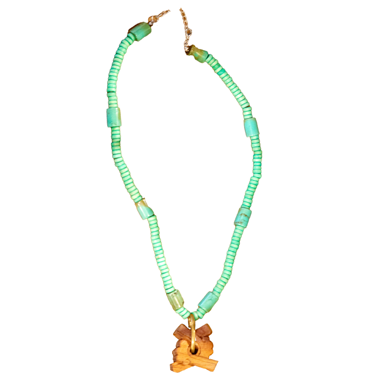 Heishi Beads Necklace with Hand-Carved Wooden Pendant