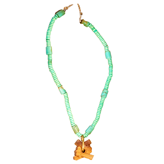 Heishi Beads Necklace with Hand-Carved Wooden Pendant